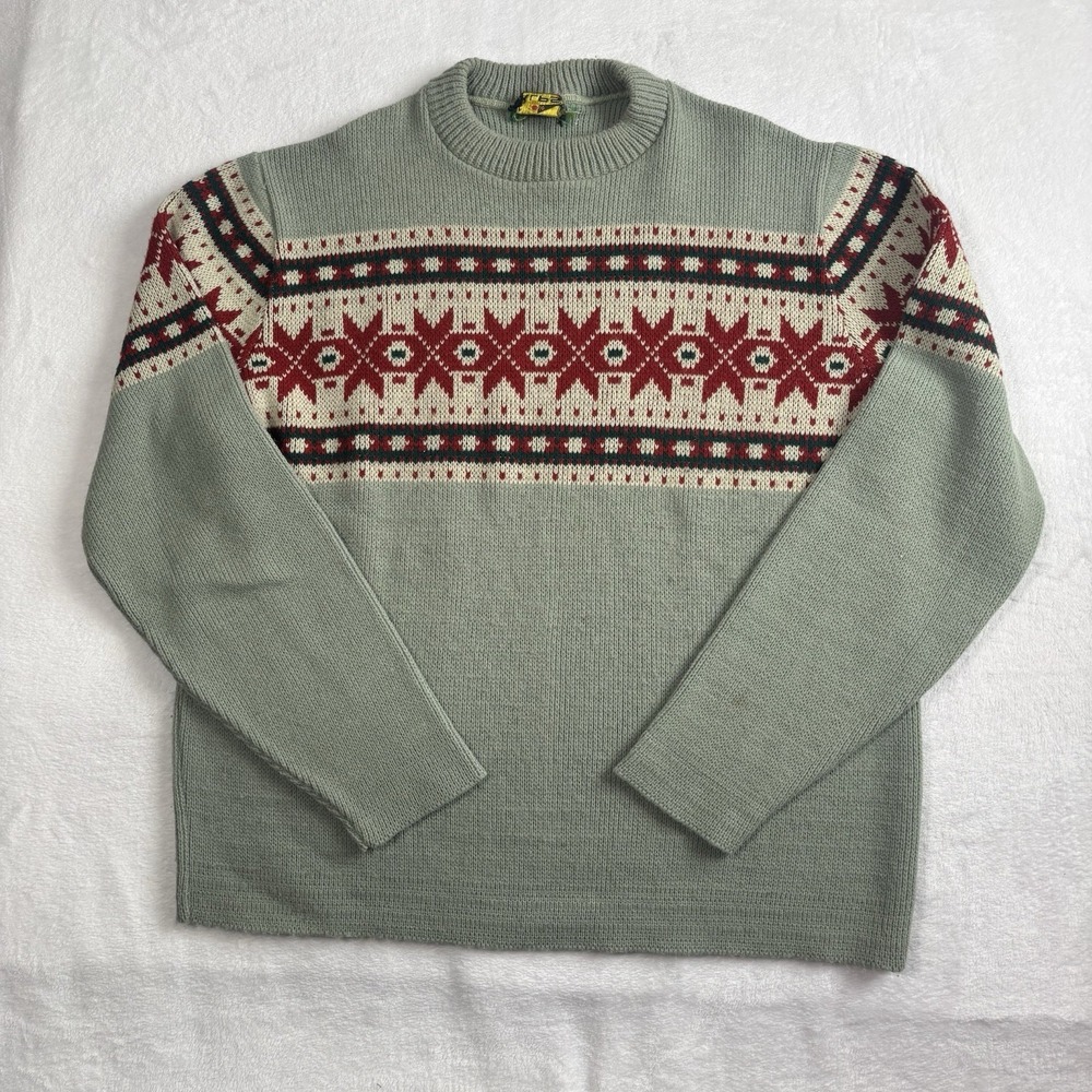 VTG Alps Green Pullover Long Sleeve Knit Sweater Fair Isle Nordic Men's XLT